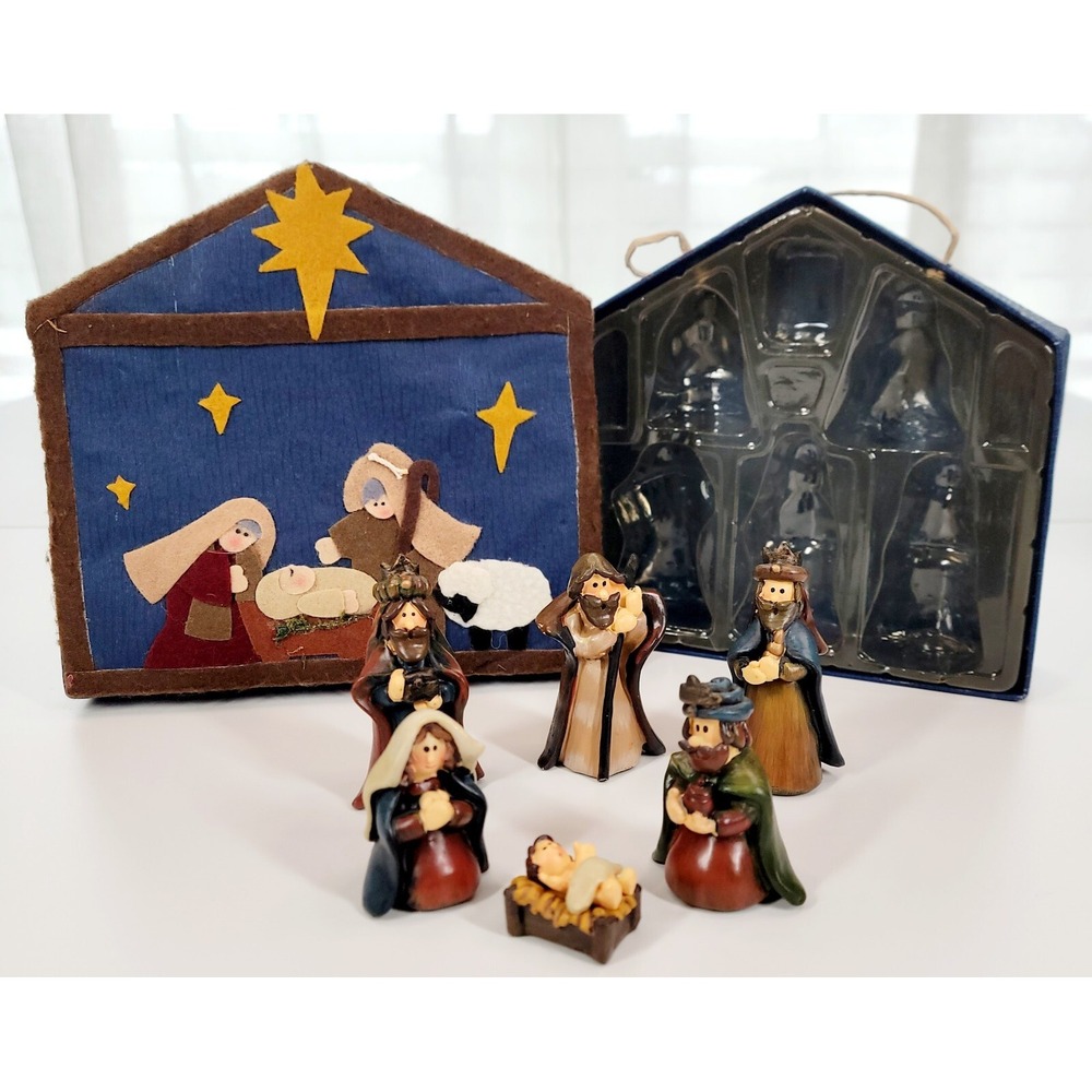 Vintage Christmas Nativity Scene 7 Piece Set Resin Figurines Felt Applique‎ Box